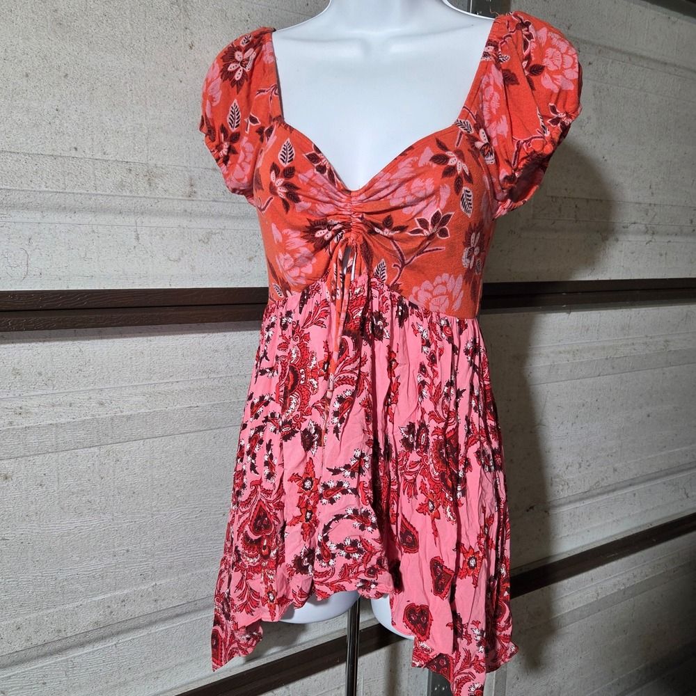 Free People Floral Babydoll Top Pink Orange Y2K Fairycore Handkerchief Hem Small